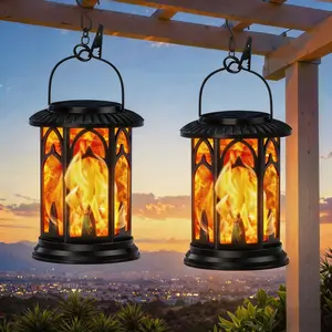 KOOPER 4Pack Solar Lanterns Flickering Flame Outdoor Metal Solar Light Waterproof Solar Powerd Led Flame Lights with USB Dual Mode for Patio Fence Garden Yard Trees Lawns Christmas Decorations Landscape Lighting