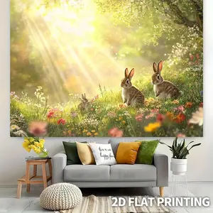 Artistic Dreamy Spring Rabbits in Flower Meadow Photo Backdrop, 179.83×229.87cm Power-Free Polyester Sheet, Multi-Size Option, Wedding Party Backdrop, Easter Event Decor, Home & Festive Supplies Banner, Photo Backdrops