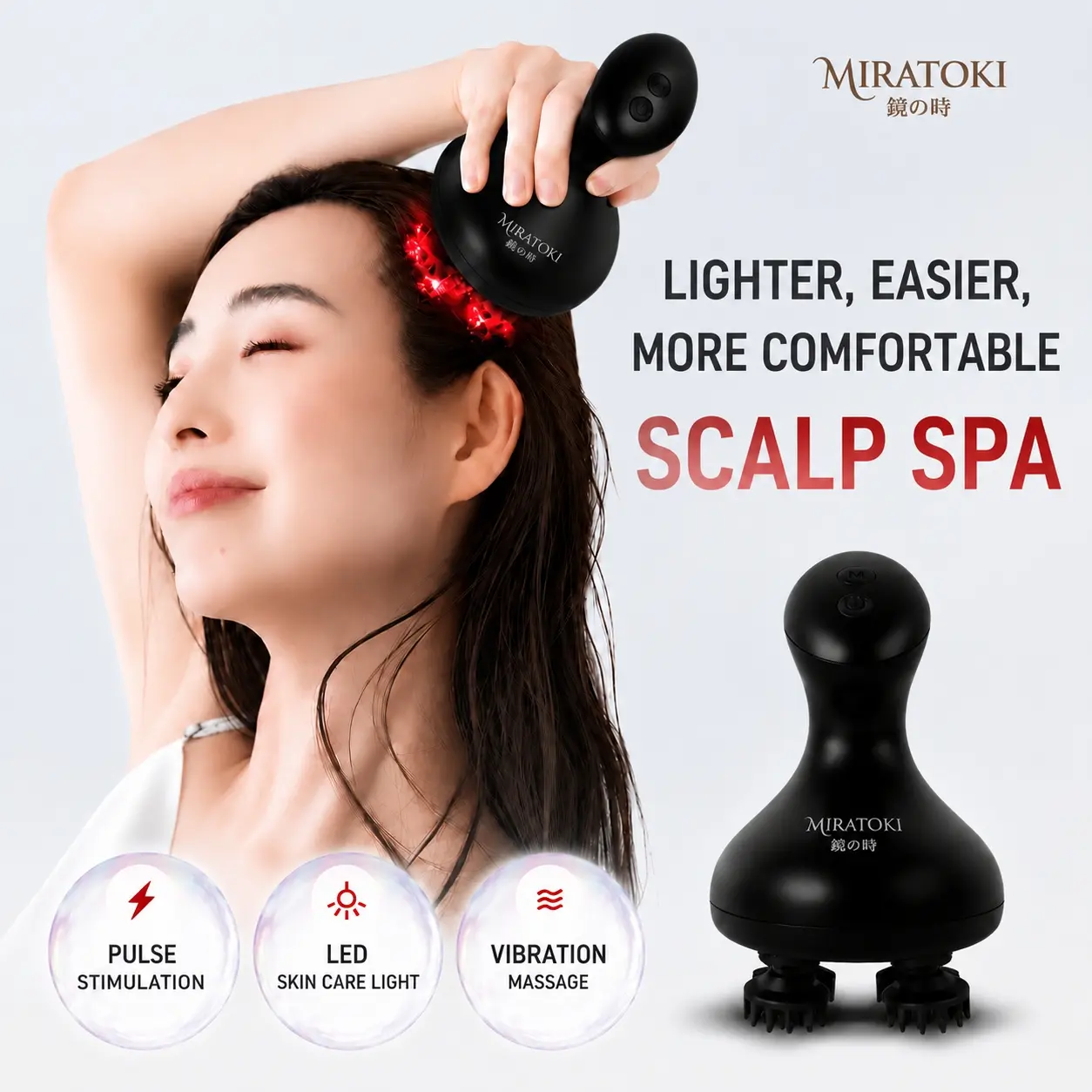 MIRATOKI CocoWave 4-in-1 Face & Scalp Massager, Microcurrent Technology, Red LED Light Therapy, Electric Head Spa Device for Facial Massage, Scalp Care, Neck & Body Relaxation