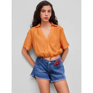 Cider [size 2-26] Collar Solid Wrap Crop Short Sleeve Shirt Dealsforyou