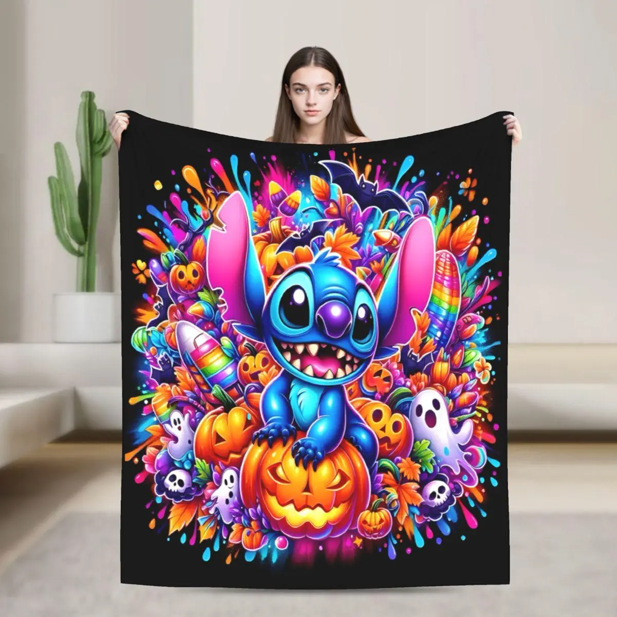 [SummerVibes] DISNEY CLASSIC Halloween Pumpkin Stitch Flannel Blanket Soft Warm Skull Bat Ghost Cartoon Design for Sofa Bed Office Colorful Premium Microfiber Blanket 40x50 50x60 60x80 Inches Perfect Gift