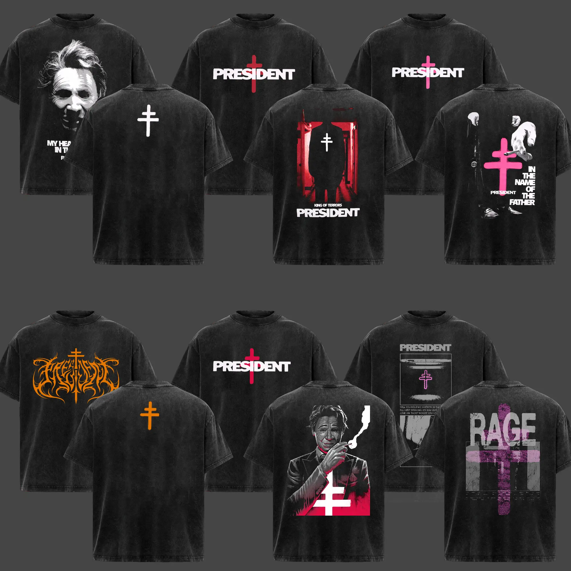 [COLLECTION] President Band T-Shirt Collection, Gothic Cross Graphic Tee, Retro Deathcore Style Shirt, Dark Religious Metal Inspired Shirts, Vintage Heavy Cotton Band Tee, Gift for Metal Music Lovers, Alternative Merch for Men & Women