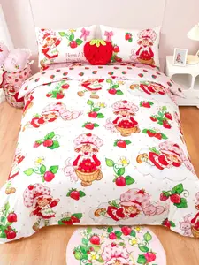 Strawberry Shortcake 3 Pcs Cute Cartoon Figure & Strawberry Pattern Bedding Set, Brushed Fabric, Soft & Warm, Pink Duvet Cover + 3 D Bow, Available In Single/Double/Queen/King Size,Gift Ideas