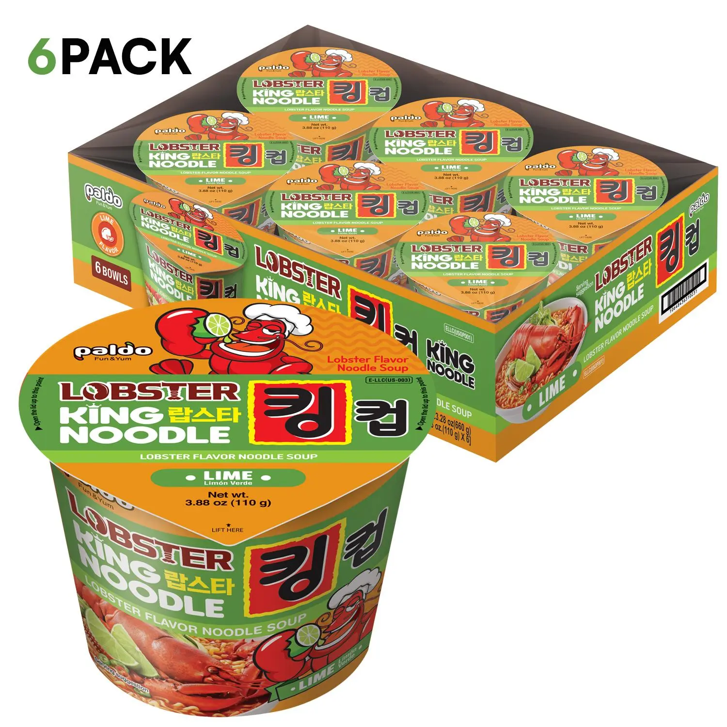 [Paldo Official] Paldo Fun & Yum Lime Lobster Instant Big Cup Savory Instant Noodles (Wheat Flour, Ambient), 6-Pack 3.88 oz (110g) — Quick Lunch for Busy Professionals, Rich Lobster Seafood Broth, Citrus Flavor, Chewy Noodles Soak in Broth, Lobster Broth