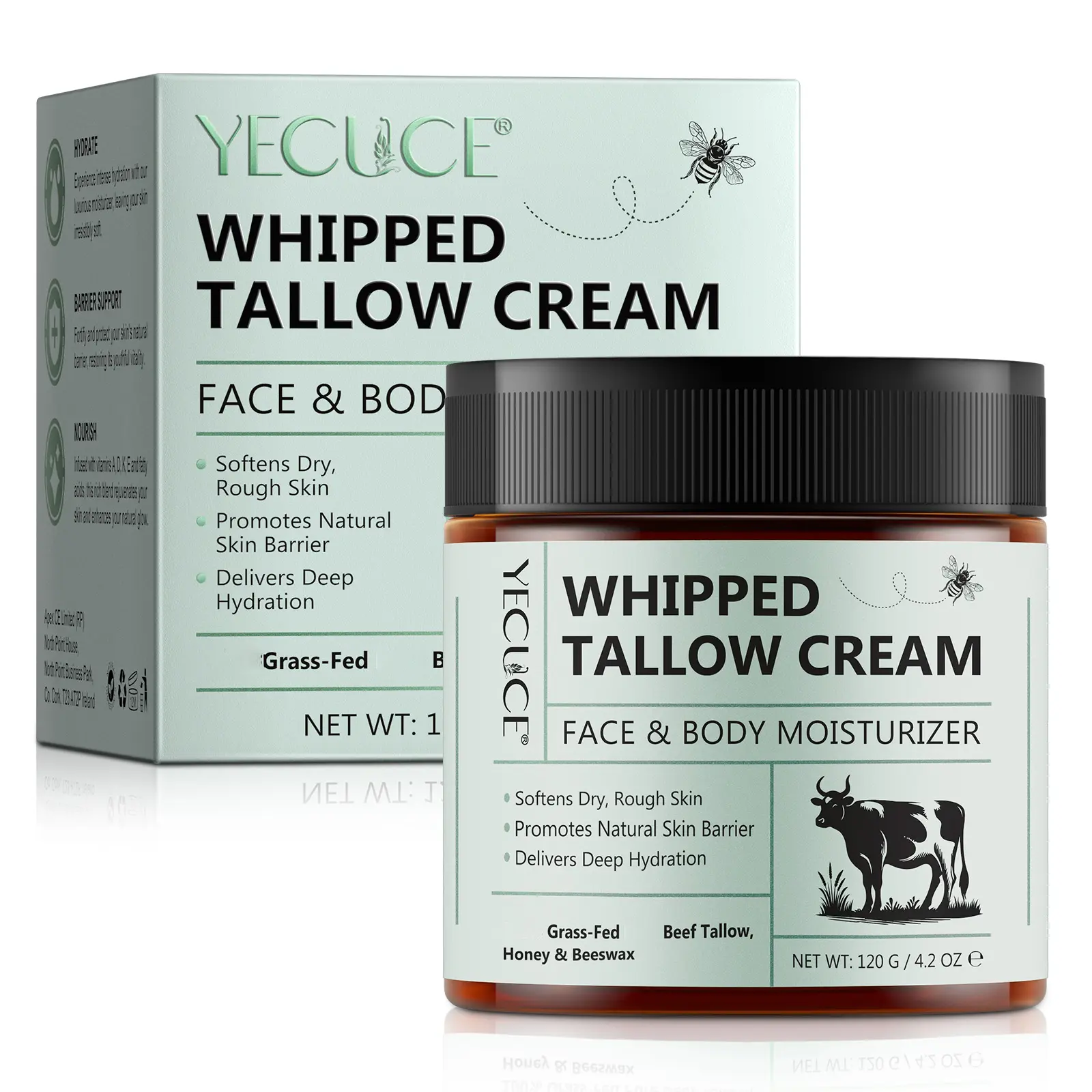 Yecuce Beef Tallow for Skin, Organic Grass Fed Whipped Beef Tallow with Honey Beeswax, Deeply Moisturizing for Face & Body (120 g / 4.2 OZ)