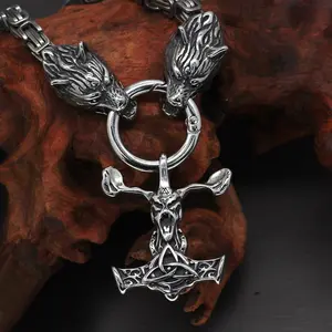 Hot Selling Stainless Steel Viking Retro Square Chain Titanium Steel Thor Hammer Pendant Wolf Head Necklace Men's Sweater Chain