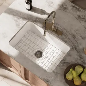 White 27 Inch Undermount Kitchen Sink, Fireclay Single Bowl Sink, Dual Mount Design for Undermount or Drop-In Installation, Scratch-Resistant Sink with Optimized Drainage, Includes Fireclay Sink Grid and Strainer Drain