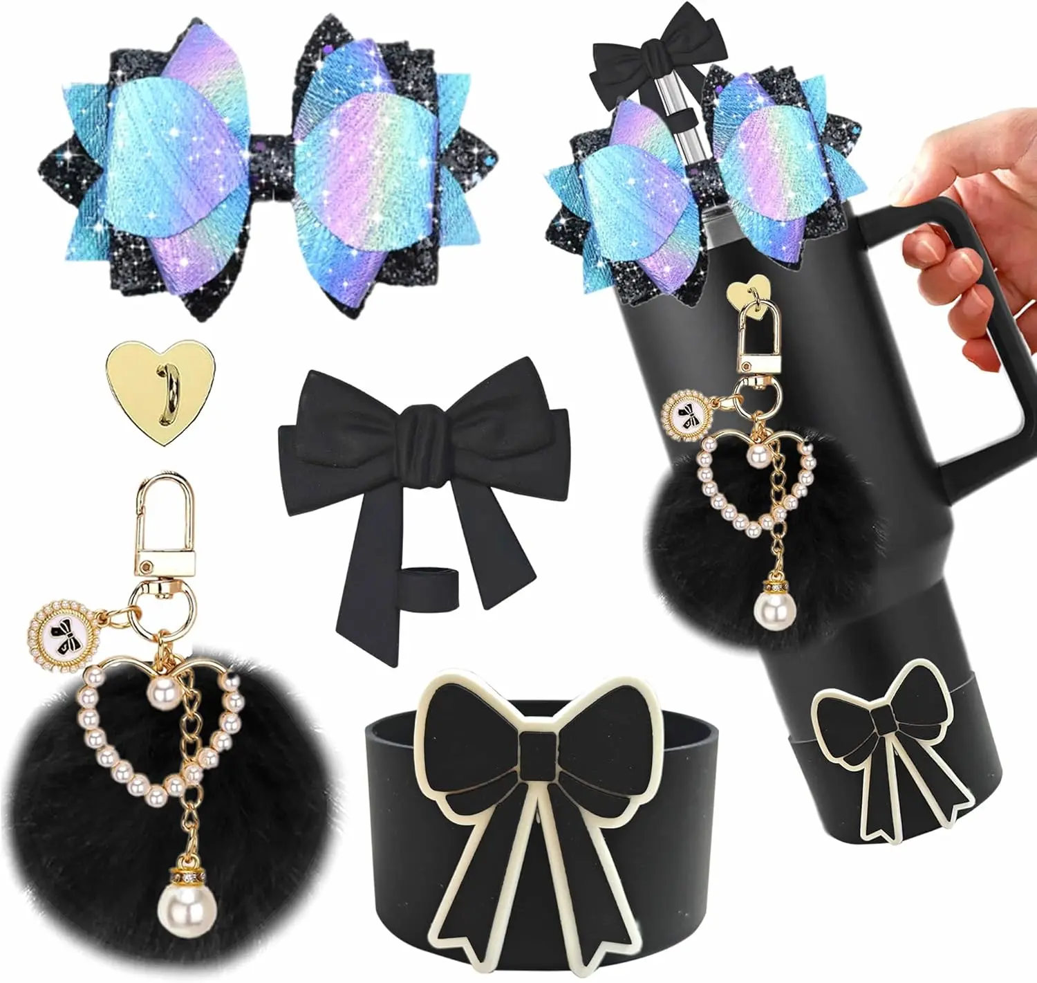 Reusable Cup Accessory Set, 5-Piece Sparkly Bling Kit for 30oz-40oz Tumblers/Mugs (2.8-2.95in Base Boot, Bow Straws, Butterfly Topper, 0.4in Straw Cap, Charm, Pom) - Black, No Cup Included, Christmas/Birthdays Ready