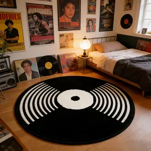 Creative Vinyl Record Carpet, Round Rug, Soft Area Rug, Home Decor Rug, American Vintage Style, Soft Comfortable, Hand Wash Only, Suitable for Living Room Bedroom