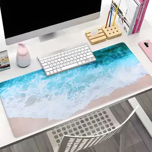 Blue Ocean Wave Beach Coastal XXL Gaming Mouse Pad, Summer Tropical Desk Decor, Desk Gadgets, Non-Slip Rubber Desk Mat with Stitched Lock Edge, Washable Keyboard Pad for PC Gaming & Home Office, Perfect Gift for Beach & Ocean Lovers