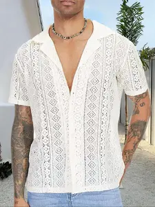 Men's Solid Geometric Hollow Out Button Front Collared Shirt, Regular Fit Classic Fashion Casual Short Sleeve Lapel Collar Top for Summer, LGBT Outfits, Men's Clothes for Daily Wear