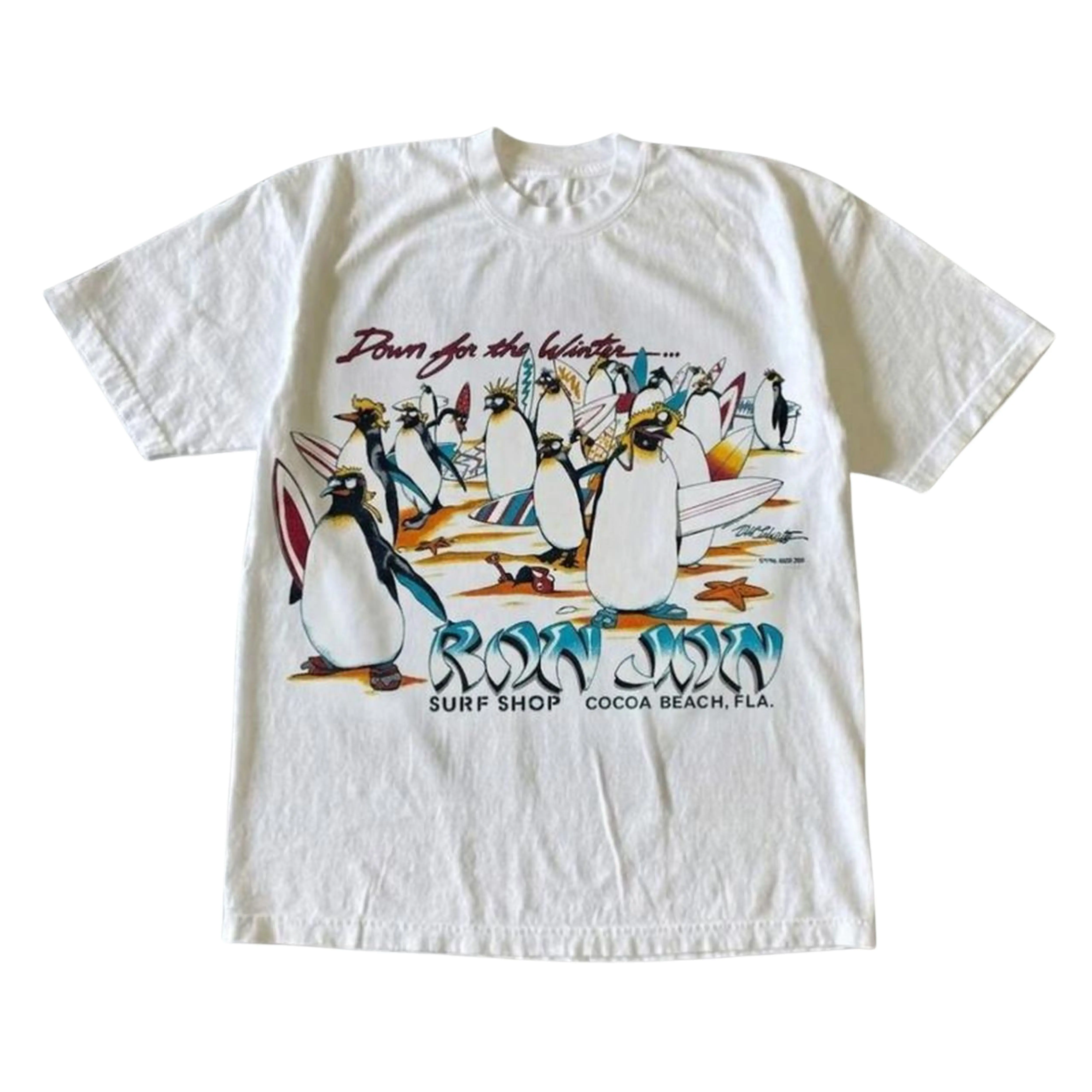 Women's Vintage Ron Jon Penguins Surfing Beach Graphic T-Shirt - Fitted, Short-Sleeve, Casual, Round Neck Womenswear Top, Shortsleeve