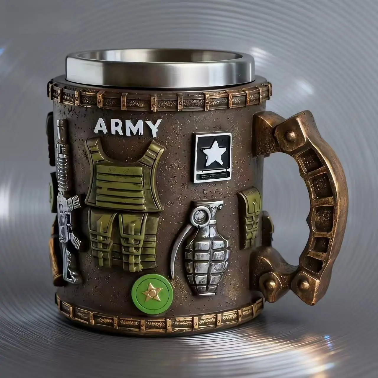 3D Military Resin Coffee Mug for Adults, Unique Drinkware with a Gun Handle, Ideal Father's Day Gift for Camping & Hiking Camp Kitchen Use, With Handle