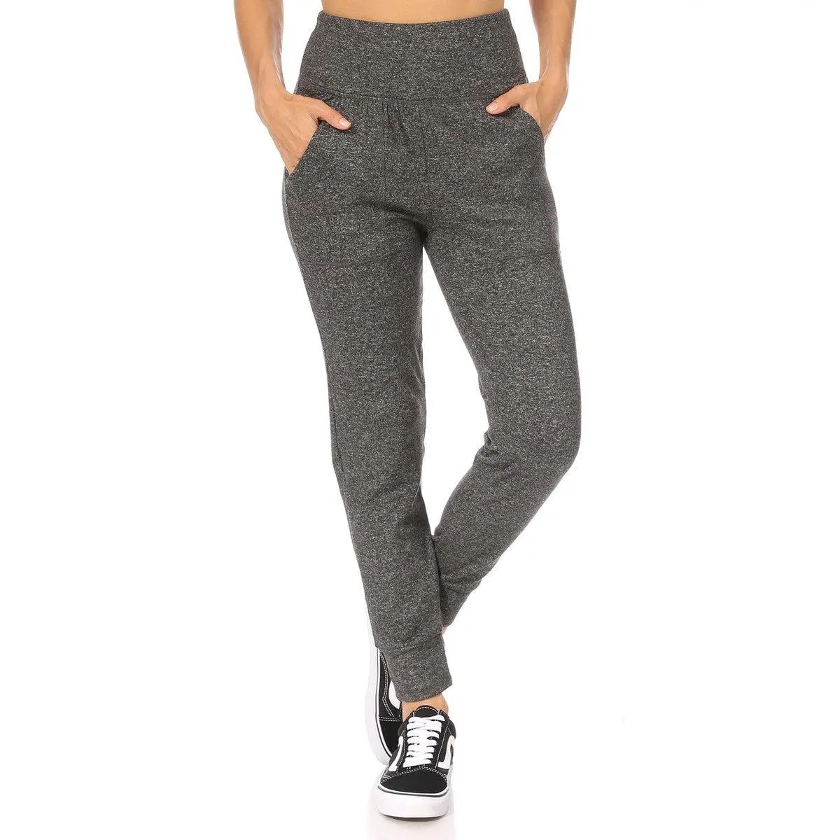 High Waist Soft Brushed Fleece Lined Cropped Joggers - Dark Heather Gray