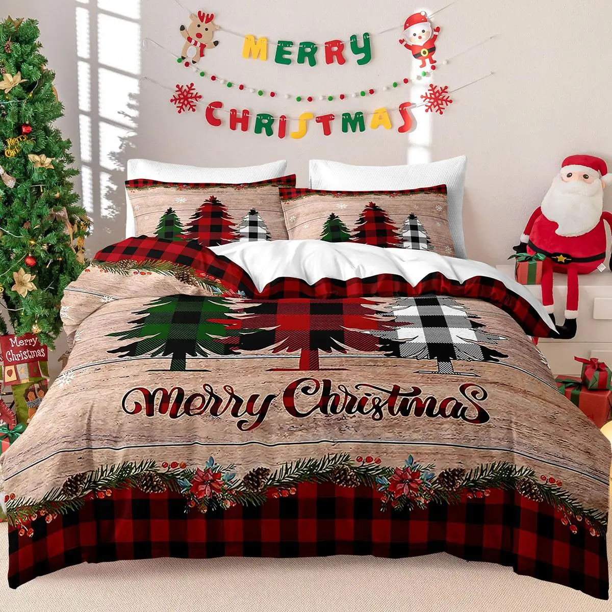Christmas Tree Print Duvet Cover Set, 3 Counts/set Including 1 Duvet Cover & 2 Pillowcases, Bedding Supplies for Home Bedroom