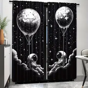 2 Piece Astronaut Print Curtains, Interior Decoration Accessories, Fashionable Rod Pocket Window Hanging Drapes for Bedroom and Living Room, Comfortable Atmosphere, Easy Installation, Window Decorations Supplies