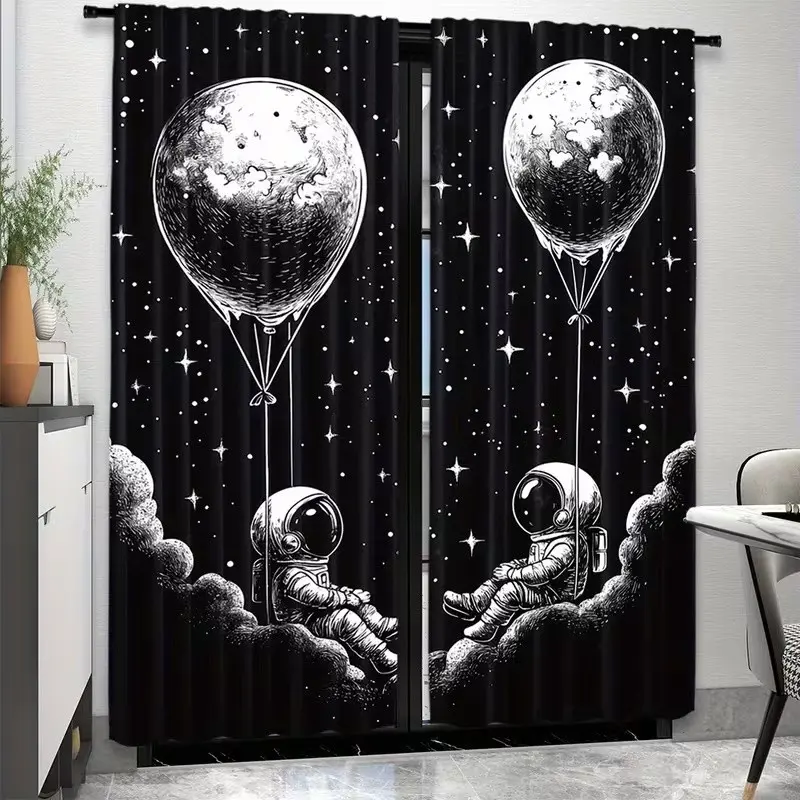 2 Piece Astronaut Print Curtains, Polyester Curtain, Interior Decoration Accessories, Fashionable Rod Pocket Window Hanging Drapes for Bedroom and Living Room, Comfortable Atmosphere, Easy Installation, Window Decorations Supplies, Home Decorative Curtain