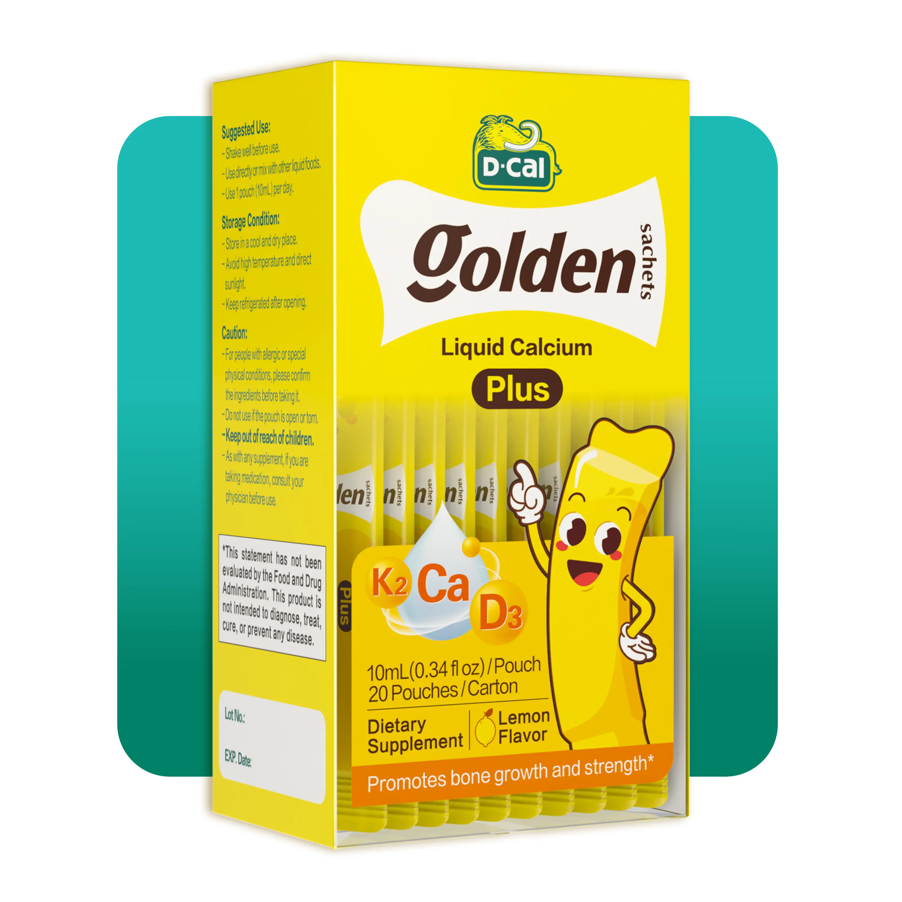 D-Cal Golden Sachets Plus Kids Liquid Calcium Supplement, Lemon Flavor Liquid Packets for Youth Bone Support & Daily Growth Spurt Development, Sugar-Free Alternative to Gummy Vitamins, 30 Individual Travel-Friendly Pouches