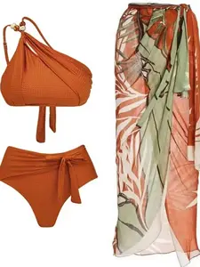 Three-Piece Set Women's Summer Swimsuit Set, Casual Beaded One Shoulder Swim Top & Swim Panty & Leaf Print Wrap Cover Up Skirt, 2024 Summer Swimsuit Set Bikinis Sets