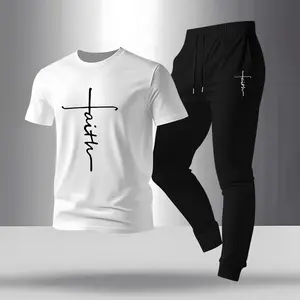 Men's Faith print T-shirt and drawstring belt sweatpants two-piece set, regular fit crew neck short-sleeved T-shirt and jogging pants, summer casual top and sweatpants.