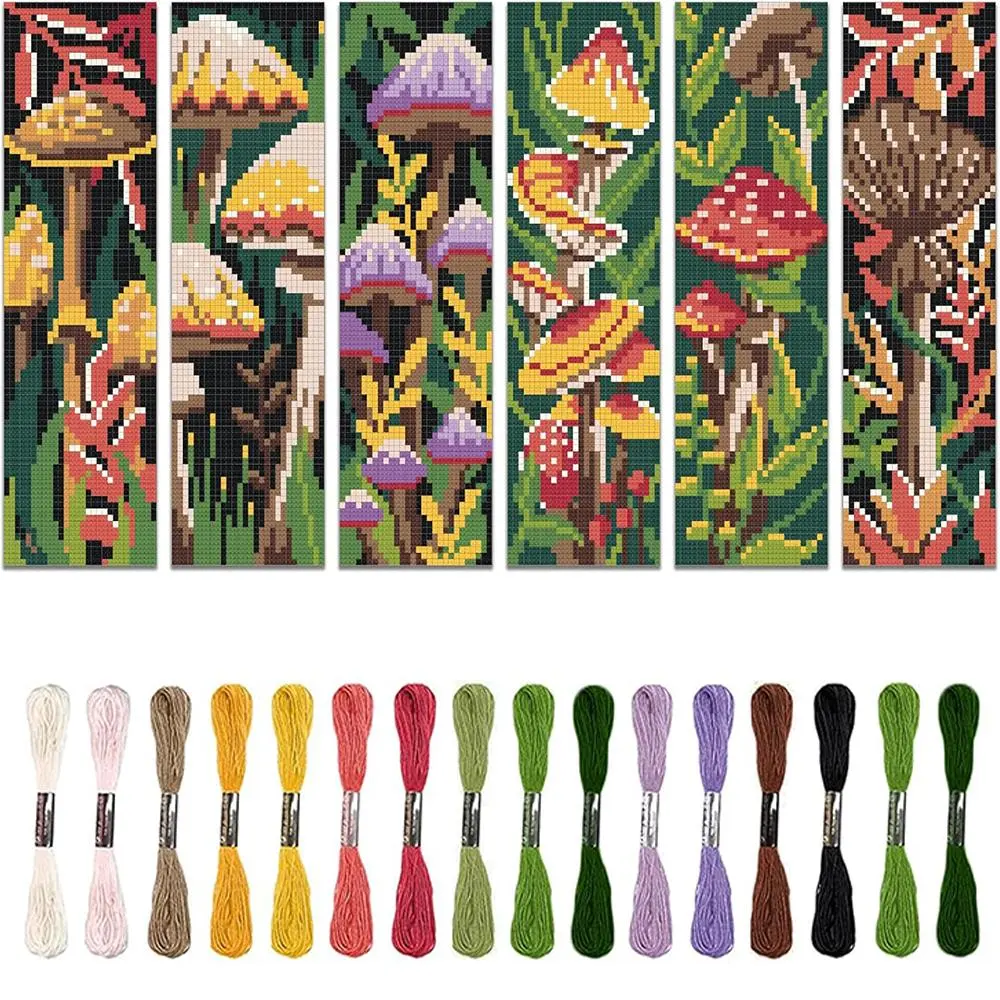 Mushroom Forest Theme Cross Stitch Bookmark DIY Art Set, Handicraft, Cross Stitch Kit, Cross Stitch Supplies, Embroidery Project, 6 Counts/set Including Printed Cross Stitch Fabric, Thread, Tools and Instruction Manual