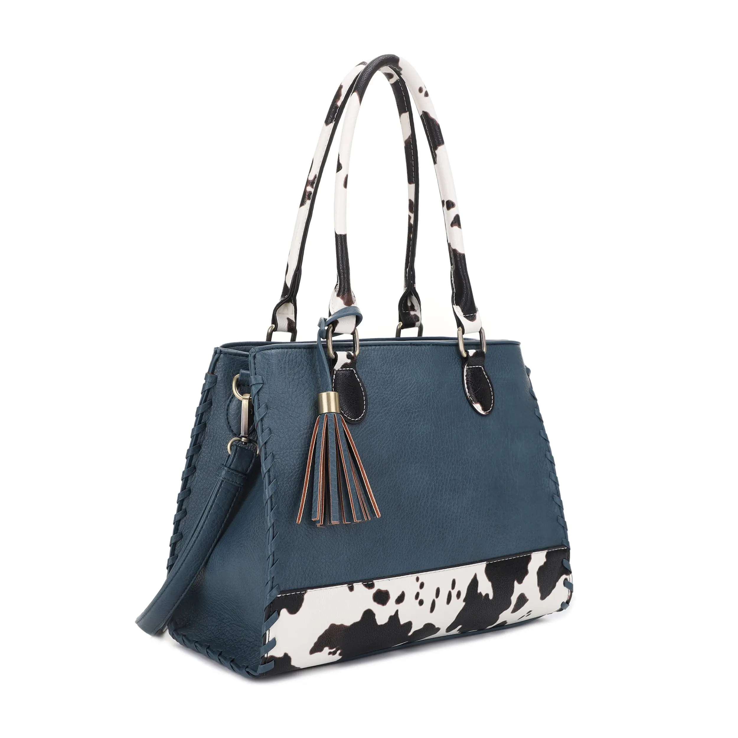 Montana CCW Lock and Key Whipstitch Cow Print Satchel Bag with Tassel