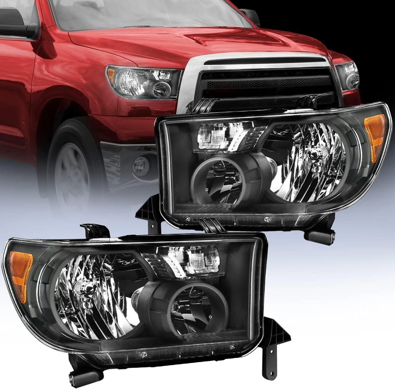 Nilight High Lumen Car Headlights Assembly - Black Housing, Amber Reflector, Driver & Passenger Side Car Headlights Replacement for 2007-2013 Toyota Tundra, 2008-2017 Sequoia, High Lumen Headlight