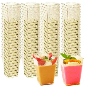 50 Pcs Clear Square Disposable Food Grade Plastic Dessert Cups - Mini Appetizer Bowls for Pudding, Fruit, Yogurt, Ice Cream & Mousse