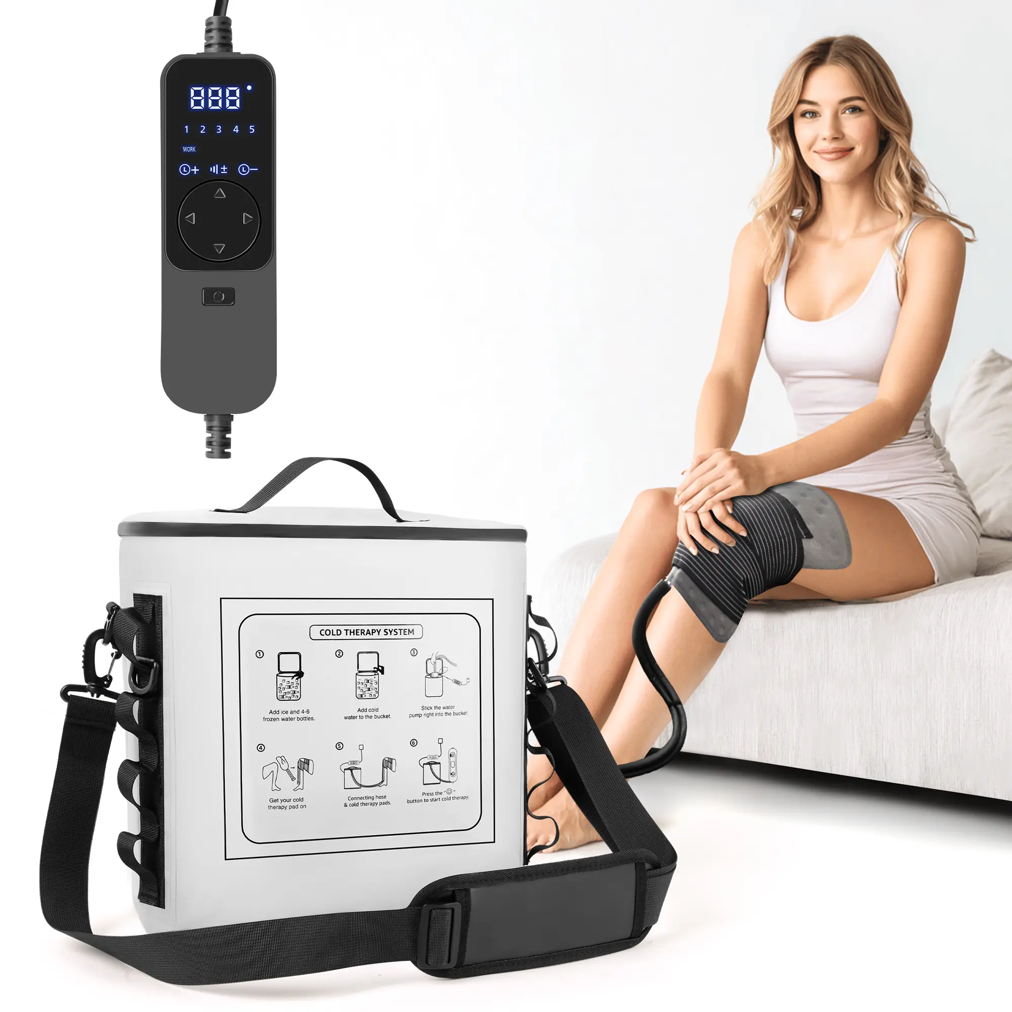 FANSEXPERT Cold Therapy Machine with Timer, Portable Ice Device for Post-Surgery Knee Recovery, Compression Pad for Shoulder, Hip & Ankle, White Adjustable Silent Recovery Support Massage Device for Adults, Athletes, Recovery Support Massage Devices