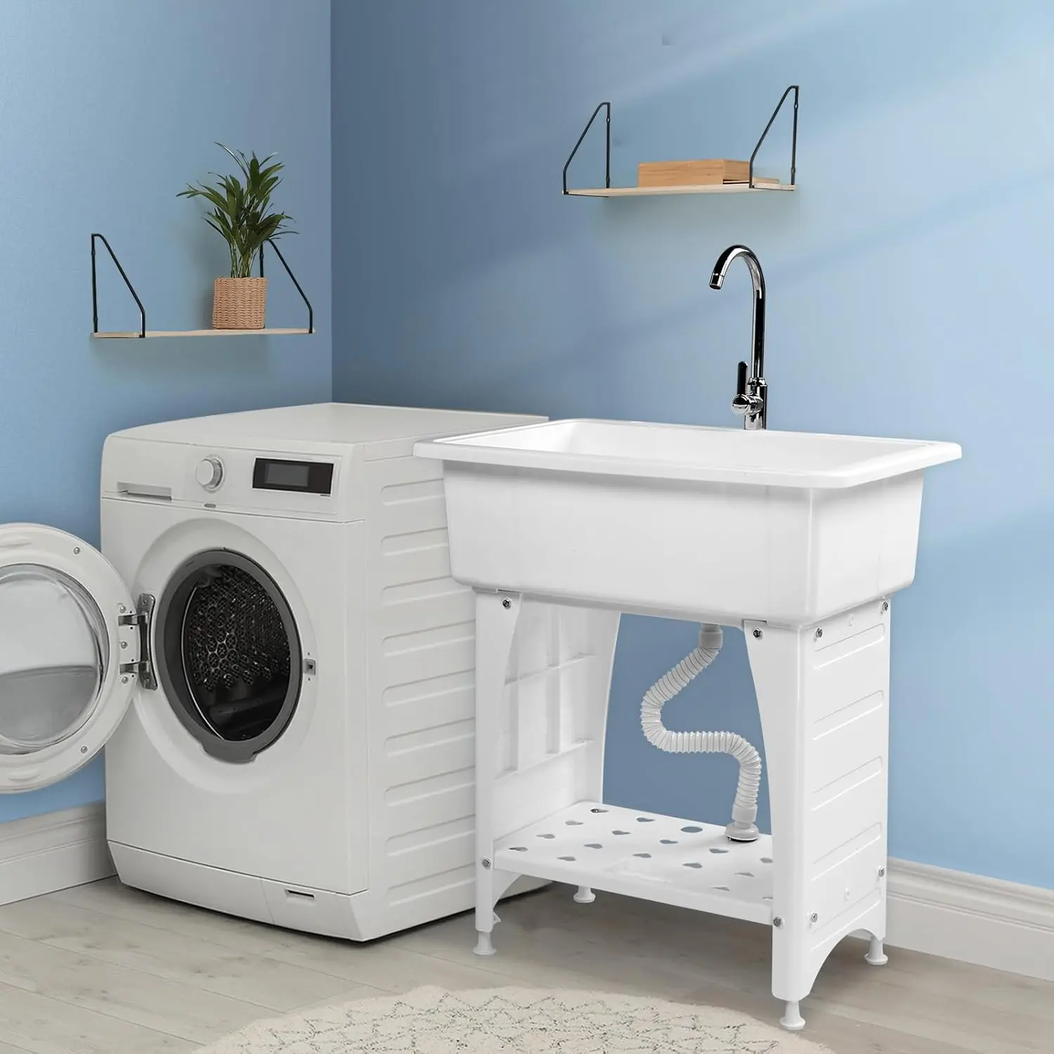 ROVSUN Spacious White Utility Sink Laundry Tub for Laundry Room, Garage Washing Station, Slop Sink, Freestanding Sink with Stainless Steel Faucet, Drain, Storage Shelf and Removable Drainboard,White