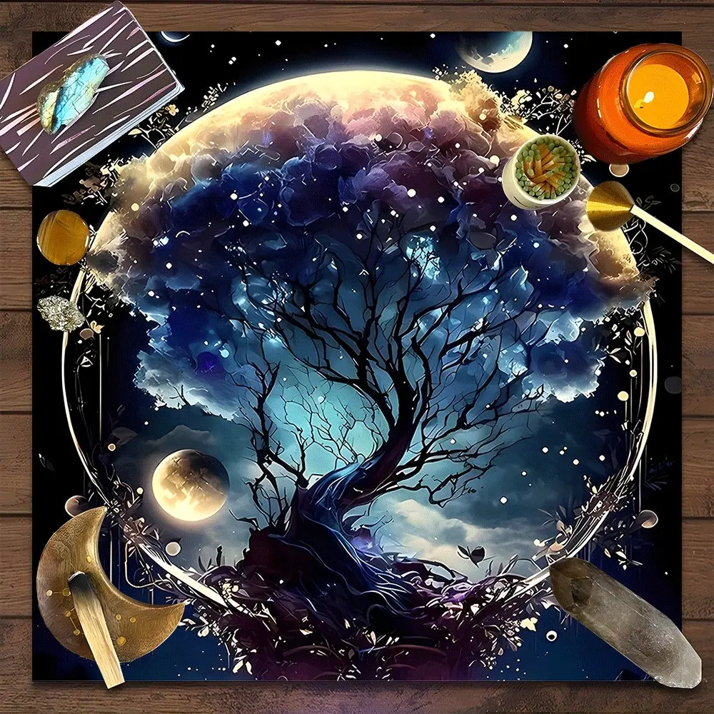 Mystical Magical Celestial Tree Design Square Tarot Tablecloth, Witch-style home decor Altar Cloth Multiple Sizes Polyester Fabric, Easy to Clean Decorative Atmosphere Divination Cloth for Spreads, Readings & Rituals Gift for family and friends