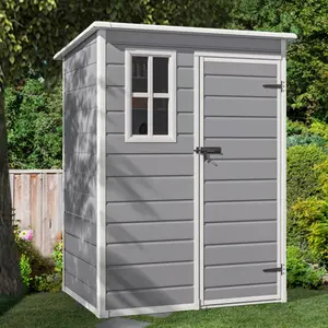 DWVO Outdoor Resin Tool Shed 5x3ft All-Weather Garden Utility Storage w/Door & Window, Brown+Gray / Blue Gray + Black / Gray