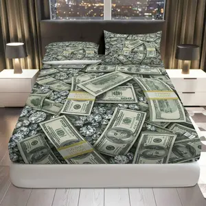 3Pcs Money Jewel Luxury Fitted Sheet Three Piece Set (1*Fitted Sheet+2*Pillowcases, Coreless), Rich theme, Cash Diamonds Bedding Set, Bedroom Bedding Set, Mattress protector Soft, Breathable