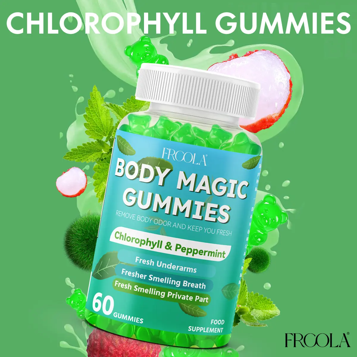 Frcola Body Magic Chlorophyll Gummies - 60 Gummies for Healthy Skin & Body Detox - Fresh Underarms & Breath - Food Supplement with Lychee Flavor