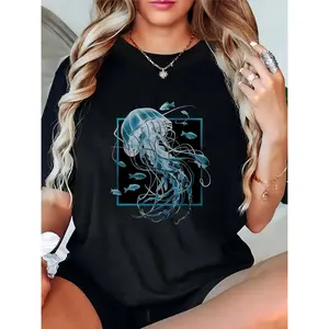 Women's Black Crew Neck T-Shirt with Blue Jellyfish & Fish Print, Casual Summer Beach Ocean-Themed Top for Ladies 100% Cotton T-shirt