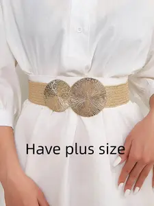 Plus Size Boho Style Plain Pattern Elastic Waistband, Fashionable Summer Dress Accessory, Trendy PP Grass Weave Belt for Women