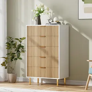 5 Drawer Dresser, Wood Chest of Drawers Organizer Storage with Gold Handle, Tall Storage Cabinet, for Bedroom, Living Room, Entryway, Oak Cupboard Furniture