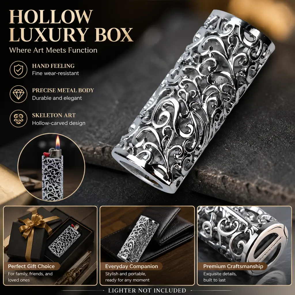 Luxurious metal lighter case featuring a hollow peony design, with a polished alloy windproof and waterproof case and a minimalist, elegant decorative stand—the ideal accessory for smokers at outdoor bars