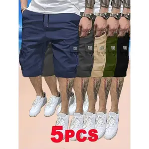 5pcsMen'sCargoShorts-Multi-PocketDurableFabric,No-BounceBreathableDesign,SolidColorCasualWorkwearStyleforSummer&CasualAttireMenswearPolyesterGift