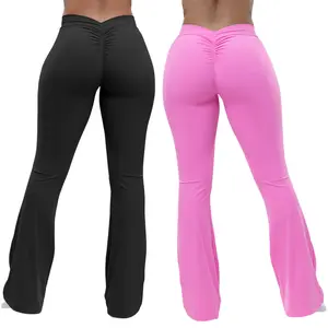 Women's Ribbed Seamless Butt Lifting Flare Leggings High Waisted Yoga Pants Solid Flare Athletic Bottoms for Gym Outfits Fitness Tights Casual Sporty Trousers