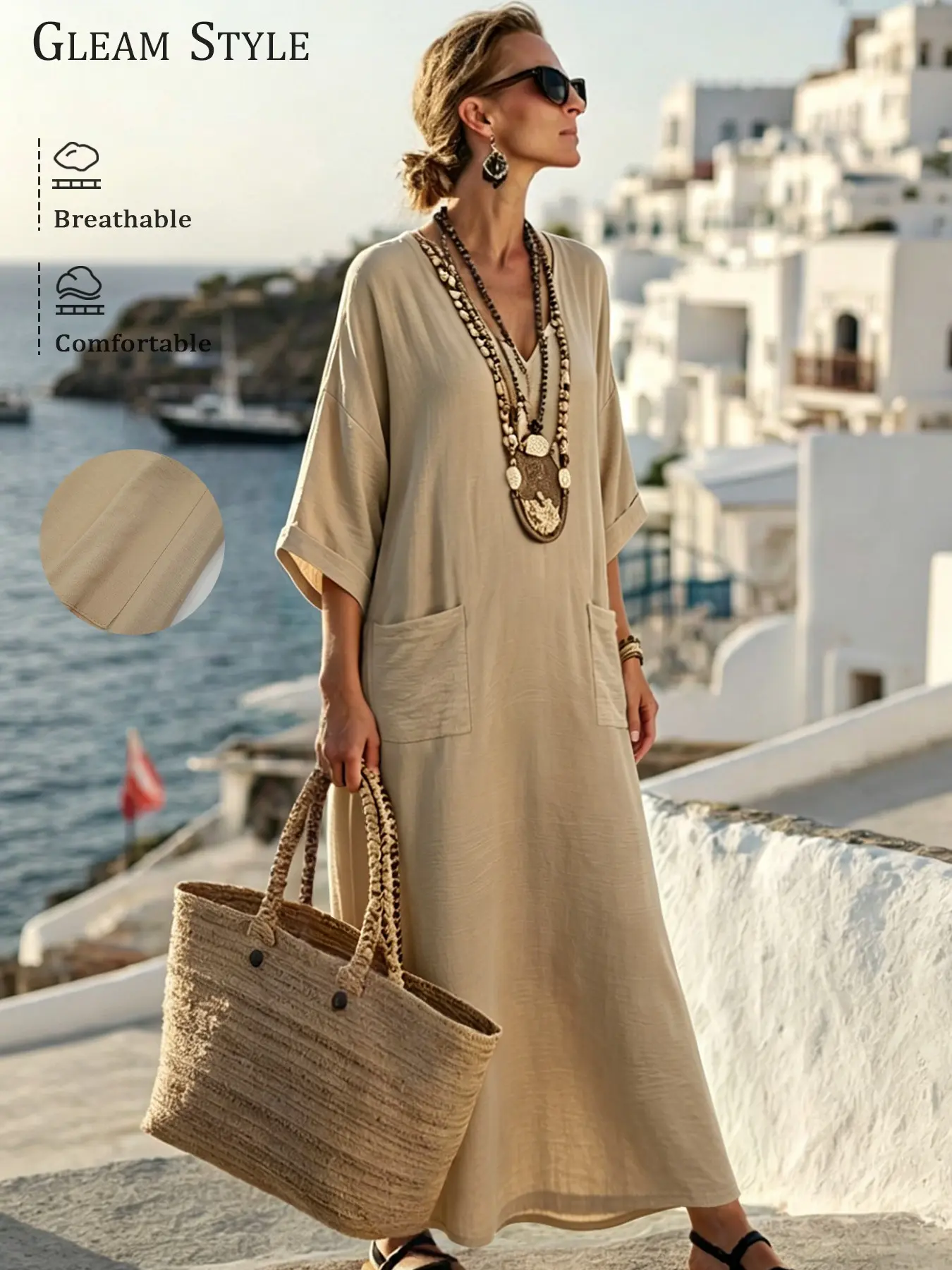 2026 New Cross-Border Beach Vacation Style Loose V-Neck Long Dress, Bohemian Beach Coverups, Summer Fashion, Women's Clothing