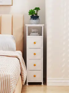 Narrow Nightstand End Table Bedroom, Small 4 Fabric Drawer Nightstand, Thin Couch Side End Table, Skinny Bedside Table Small Spaces, Modern Night Stand with Drawers