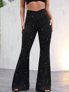 Women's High Waist Cross Belt Pants, Glitter Flare Trousers, Casual Fitted Style, All Seasons Comfort, Adult Fashion