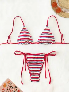 Vintage Blue Striped Triangle Bandeau Bikini Set, Triangle Bikini Bottoms, Side Tie Detail, Sexy Strapless Swimsuit Top Design Two-Piece Swimsuit, Beach Vacation Photo Ready Swimwear for Women, Vintage Stripe Pattern
