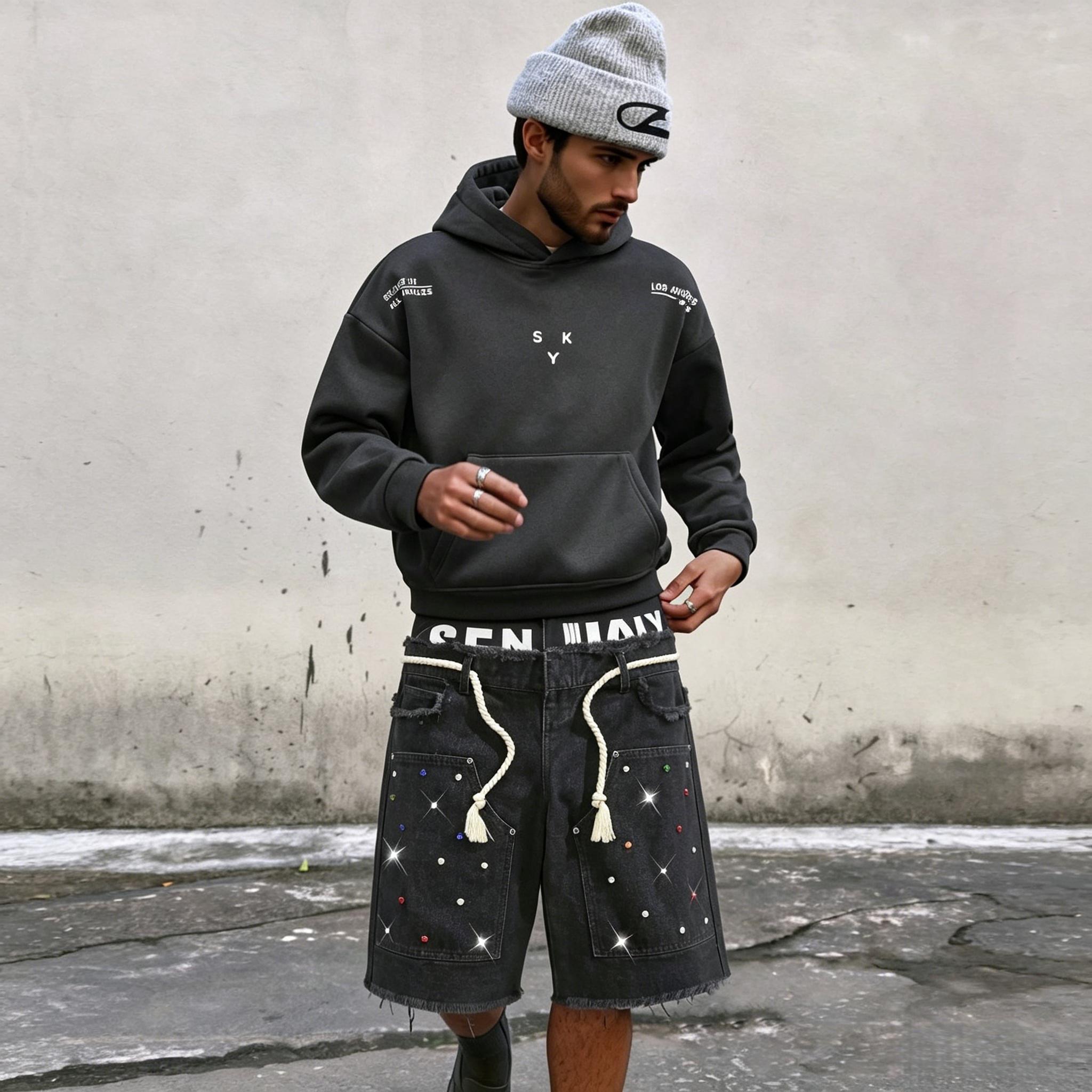 Men's Sparkling Rhinestone Casual Streetwear Shorts - Mid Waist, Loose Cut Lets You Move With Ease, Layered Denim Adds Depth and Texture, Stylish Cotton Blend Double-Layer Menswear Bottoms