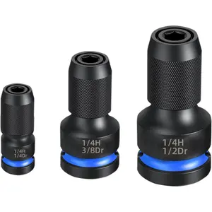3-Piece Impact Wrench Bit Adapter Set - 1/2", 3/8", 1/4" Female Drives to 1/4" Hex Socket Adapters for Ratchet Wrench Drives, Quick-Change Chuck