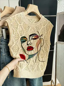 Women's Boho Abstract Face Print Knitted Vest, Round Neck Sleeveless Sweater, Casual Comfy Breathable Colorblock Top for Spring Summer Fall, Womenswear