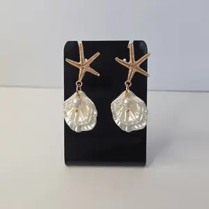 #266 White Seashells with White Faux Pearl with Golden Starfish Stud Earrings, Casual, Beach, Tropical, Summer, Jewelry
