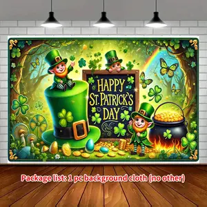 1PC 2D Flat Polyester St. Patrick's Day Backdrop Banner, Reusable Clover Elf & Gold Coin Themed Party Decoration Cloth, Irish Festival Photo Background Curtain for Indoor-Outdoor Events & Birthday Wall Hanging