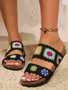 Women's Fashionable Sunflower Pattern Embroidery Design Sling Sandals, Casual Boho Style Platform Sandals for Beach Vacation, All-match Commuter Shoes for Daily Wear, Girl